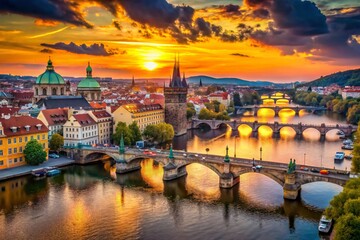 Prague Charles Bridge Sunset Aerial View - Old Town Pier Architecture