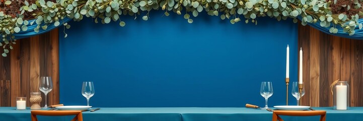 Boho wedding dinner reception table set up with eucalyptus, gold and blue decorations on wooden background, boho, reception, blue