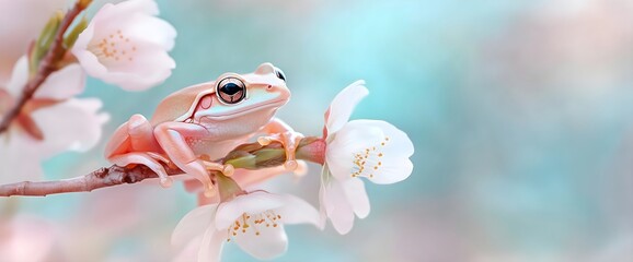 Naklejka premium Pink frog on cherry blossom branch against blue sky, perfect for spring announcements, nature blogs, wellness content, social media posts and Asian-inspired seasonal marketing designs