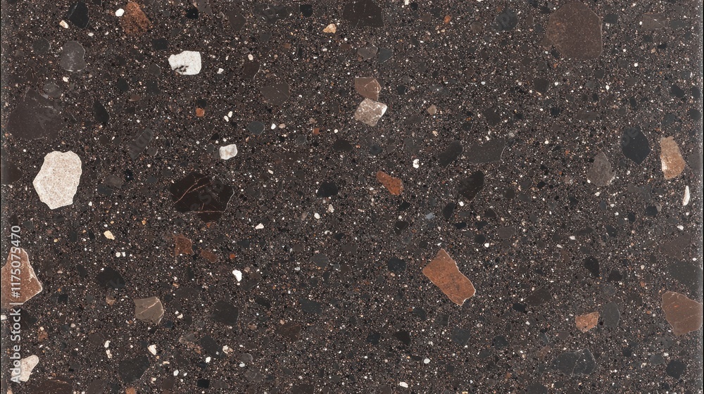 Poster dark brown terrazzo texture with small and large aggregates.