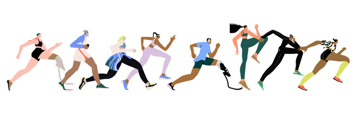 Jogging people group. Men, women crowd running. Many runners in line. Diverse joggers characters in motion, action. Sport exercise, marathon. Flat vector illustration isolated on white background.