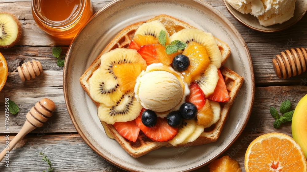 Poster a top-down view of a decadent honey toast adorned with fresh fruit slices and a scoop of ice cream, 