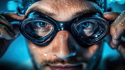 Swimmer Adjusting Goggles Before Underwater Race