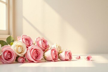 Delicate Pink and White Roses Bask in Gentle Sunlight on a Pristine White Surface