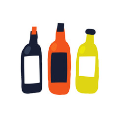 Kitchen room interior objects set. Cute hand drawn doodle wine, alcohol, tequila, drink, beverage, champagne bottles collection . Modern flat apartment elements