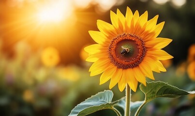 Naklejka premium Bee pollinating sunflower at sunset, field background, nature