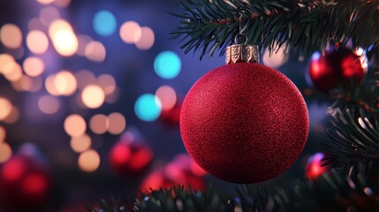 Red Christmas Ornament on Tree Branch - Festive red Christmas ball hanging on a pine tree branch, twinkling lights bokeh background. Symbolizes joy, celebration, winter, tradition, and hope.