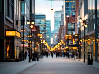 Obraz premium A bustling urban street illuminated by warm lights, featuring shops and pedestrians, creating a vibrant city atmosphere.