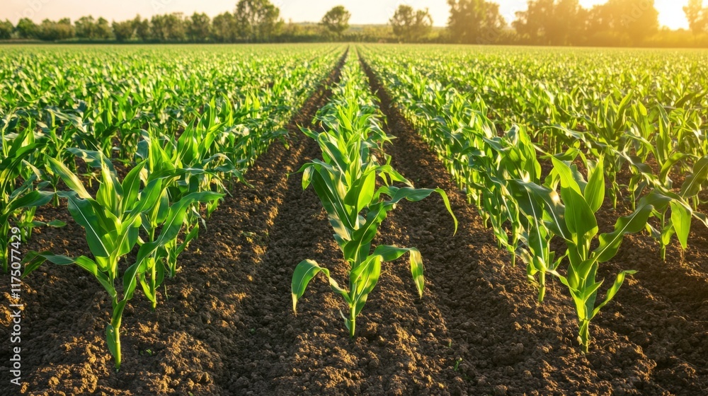 Poster A top-down view of a lush cornfield with neatly aligned rows of corn plants, creating a geometric pattern on the field, under the soft light of midday
