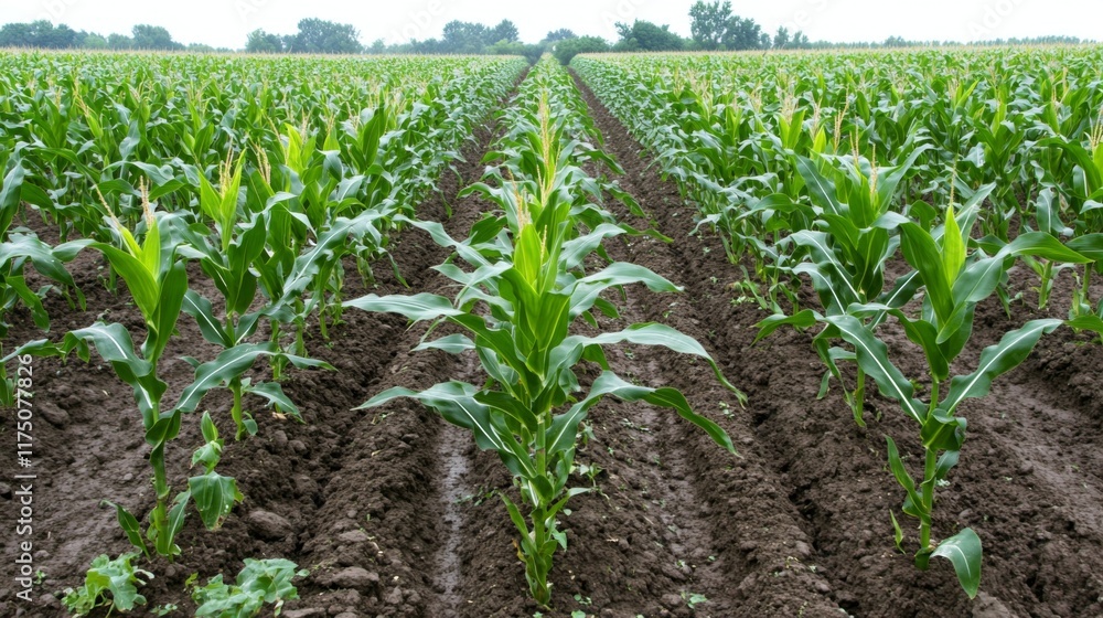 Poster A top-down view of a lush cornfield with neatly aligned rows of corn plants, creating a geometric pattern on the field, under the soft light of midday