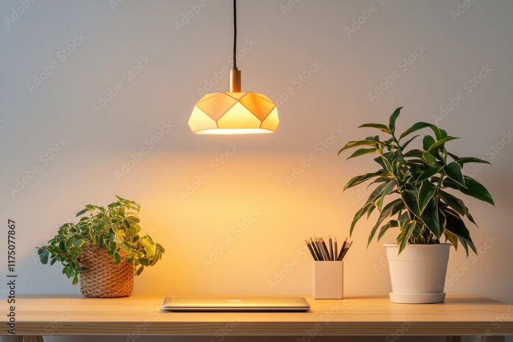 Canvas Prints A cozy workspace featuring a stylish pendant lamp, a wooden desk, and vibrant indoor plants creating a warm ambiance.