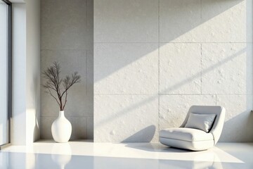 Serene Minimalist Interior Design Featuring a Modern Lounge Chair and Decorative Branch in a White Vase Against a Textured Wall