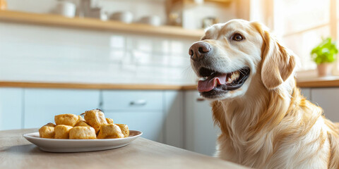 Pet Health concept, A happy dog eagerly watches a plate of treats in a bright kitchen setting.