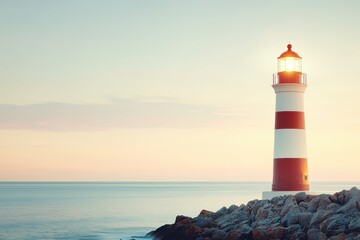 Naklejka premium A serene lighthouse stands on rocky shores, illuminated against a pastel sky, guiding boats safely with its warm, glowing light at dusk.