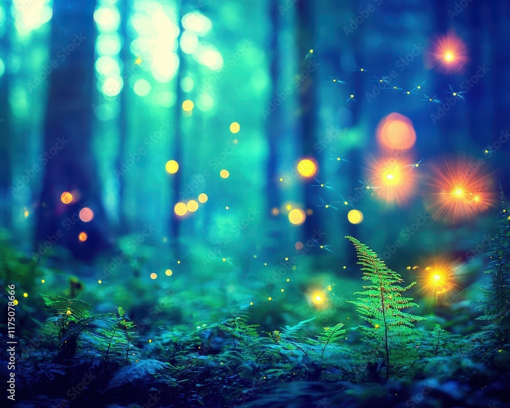 Poster a mystical forest scene with glowing lights and lush greenery, creating a serene and enchanting atmo