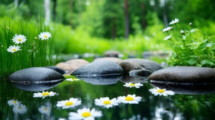 Serene Pond Daisies and Rocks - Peaceful pond scene, daisies blooming, smooth rocks, tranquil nature, serene reflection. Symbolizing peace, purity, resilience, balance, and renewal.