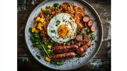A top-down view of a plate of American fried rice with crispy fried egg, sausages, and vegetables, all arranged neatly on a rustic wooden table