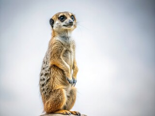Fototapeta premium Sharp focus on a meerkat; minimalist white backdrop enhances its regal posture.