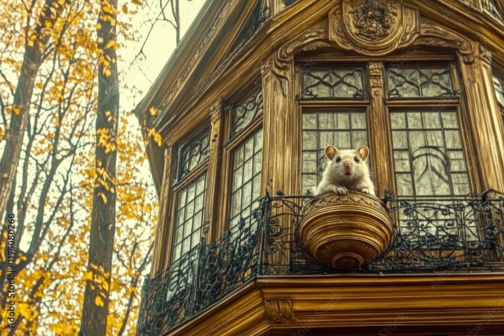 Poster a delightful mouse is perched on a decorative balcony of an elegant house, symbolizing charm and gra