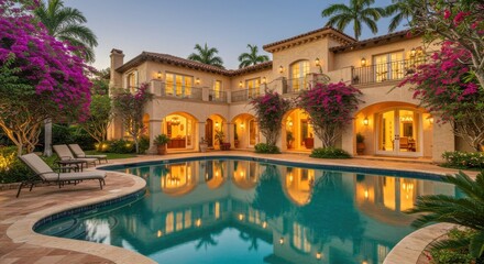 Luxurious Mediterranean villa, expansive pool, vibrant bougainvillea flowers, warm evening light, ornate architecture, curved pool edges, lush landscaping, tranquil water reflection, elegant outdoor l