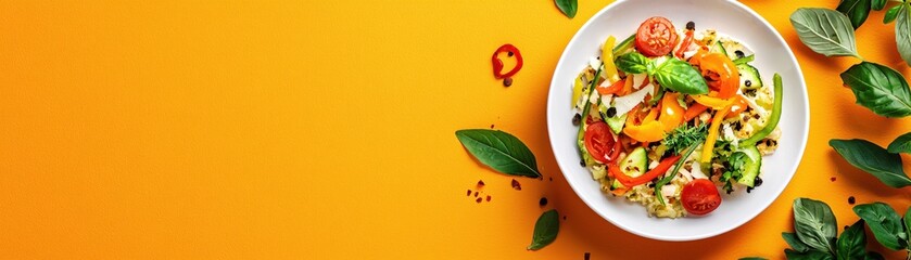 Colorful Fresh Salad with Vibrant Vegetables on a Bright Yellow Background