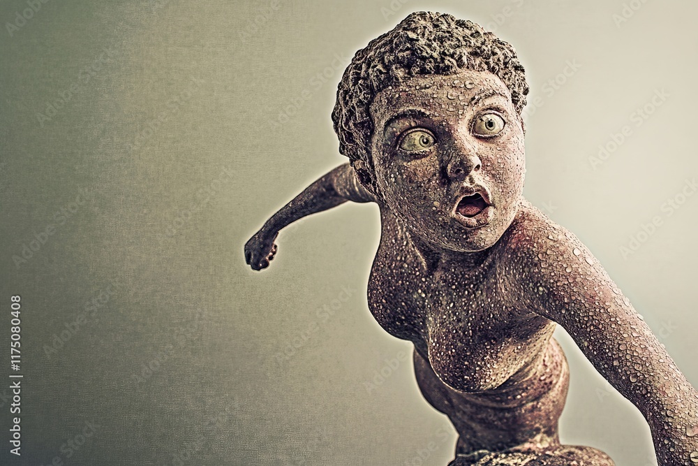 Poster an expressive sculpture depicting a figure in motion with a surprised look, illustrating human emoti