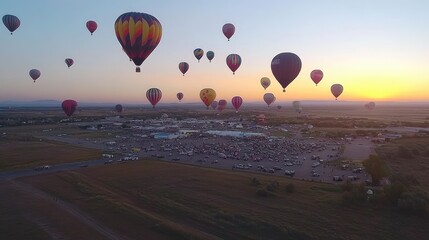 Colorful Hot Air Balloons Rise at Sunrise Over a Field