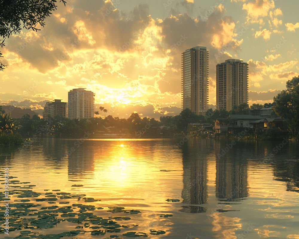 Poster Golden sunset over calm lake with city skyline reflection.