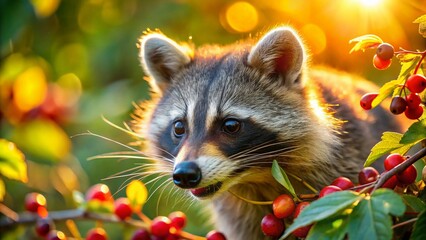Raccoon Eating Berries, Wild Animal Food Photography, Close-up Shot