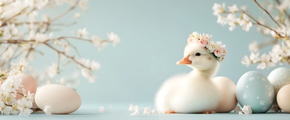 Obraz premium White duckling wearing flower crown among pastel Easter eggs and spring blossoms. for Easter cards, spring announcements, baby celebrations, social media content, children's designs, season marketing