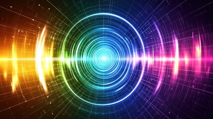 Obraz premium A digital representation of mobile signal waves traveling through the air, depicted as colorful arcs against a futuristic technology-themed background