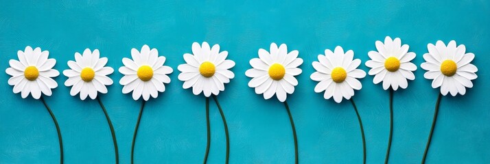 Obraz premium Reemy White Daisies Teal Background - Seven white daisies arranged against a textured teal backdrop symbolize purity, new beginnings, hope, serenity, and summer.