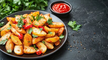Fototapeta premium Spiced Potato Wedges Garnished with Fresh Herbs and Chili Peppers