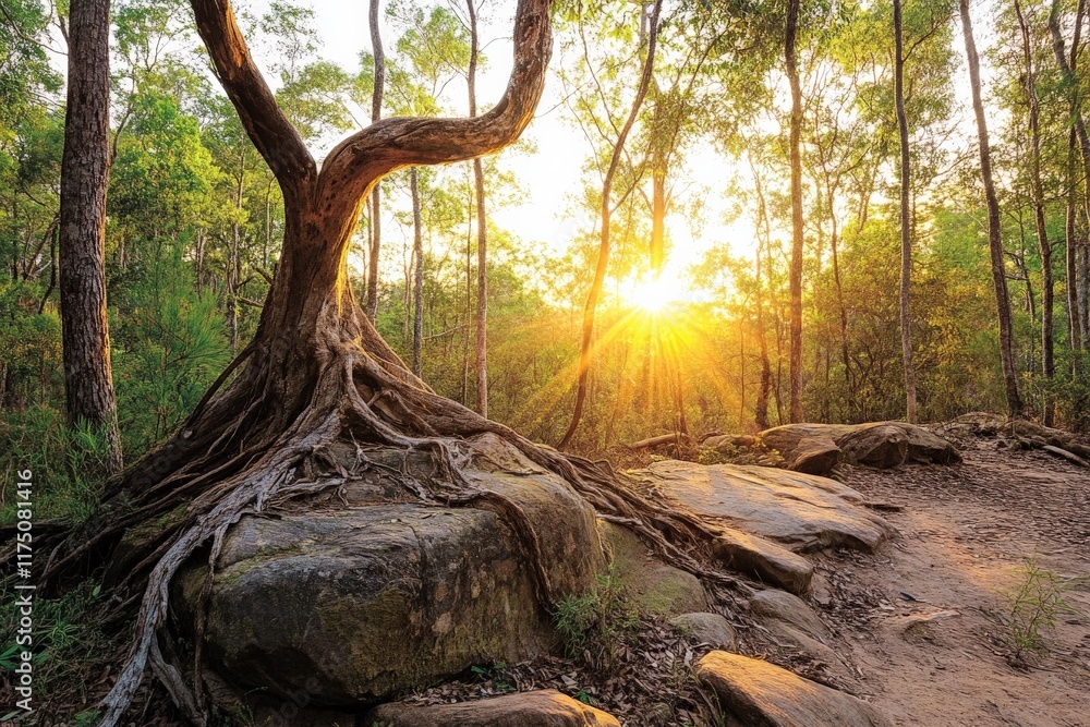 Poster Sunlight streams through the branches of an ancient tree, casting shadows on the forest floor, creating a serene atmosphere in nature's timeless beauty.