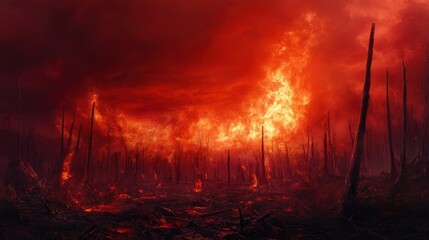 A blood-red sky with intense flames and explosions, creating a horrifying war and disaster scene, perfect for a dramatic web banner with space for text
