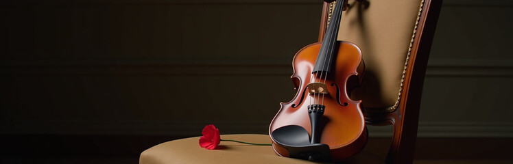 Fototapeta premium A Violin Leaning Against An Empty Chair, A Single Poppy Resting On The Chair’s Seat, Soft Lighting, Symbolic Of Lost Music And Culture 00008