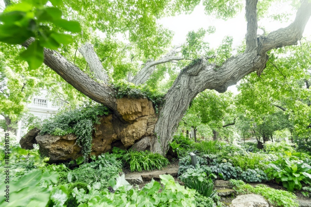 Poster this captivating image showcases a gnarled tree intertwined with natural rocks, creating a serene ga