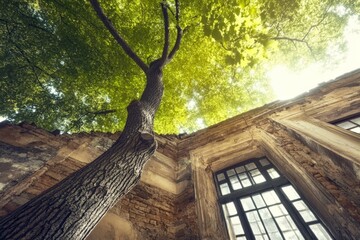 This image captures a striking perspective of a tree elegantly growing towards an old building, blending nature and architecture in harmonious coexistence.