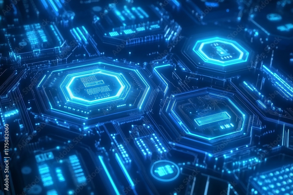 Poster abstract blue technology background with hexagonal circuit boards and circular tech illustrations