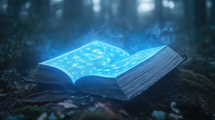 Glowing Book Of Mystical Runes In Dark Forest