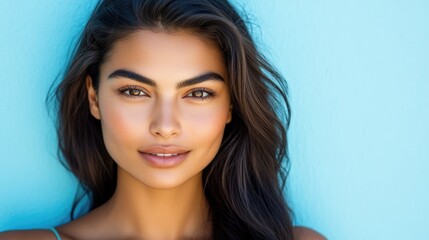 Naklejka premium Beautiful Woman With Long Dark Hair Against Blue Background