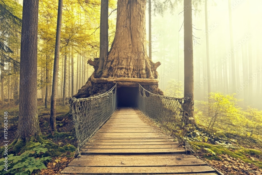 Aufkleber a stunning view of a large tree with a hollow trunk and a wooden bridge leading to it, set in a fogg
