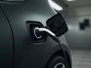 Electric vehicle being charged in a garage. Detail view - closeup
