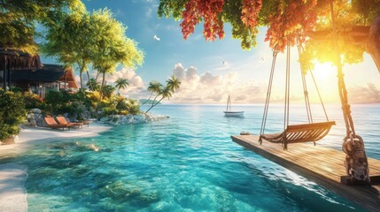 Obraz premium A luxurious island getaway on a clear day, with swings and hammocks hanging over tranquil blue waters, illuminated by colorful sunlight