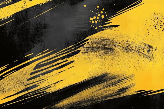 Dynamic black and yellow abstract background featuring brushstroke and halftone design elements