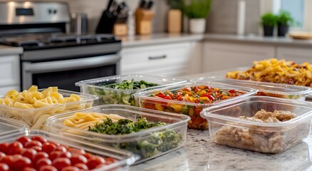 Obraz premium The kitchen counter is beautifully arranged with plastic containers of various foods filled with fresh, delicious food. Decorated with a variety of dishes including noodles and fresh vegetables.