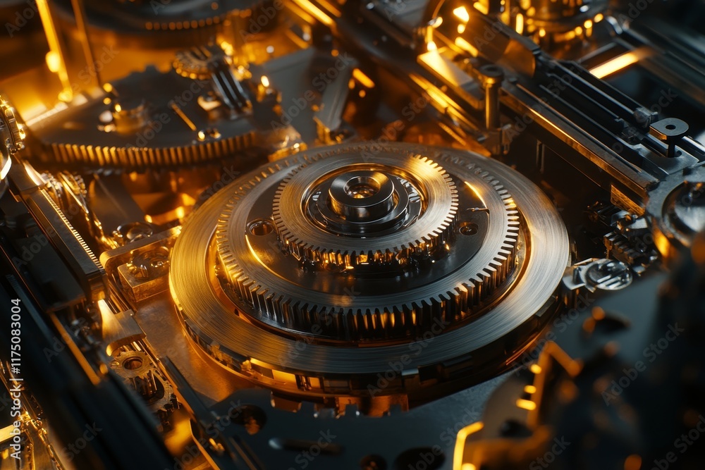 Poster close up of automotive assembly line showcasing precision gears and intricate machinery in motion.