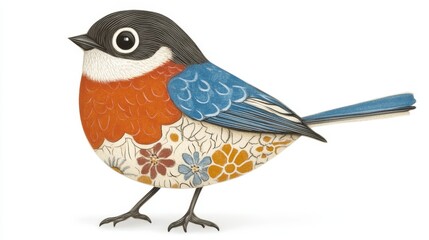 Patchwork Bird A whimsical illustration of a small bird composed of colorful fabric patterns