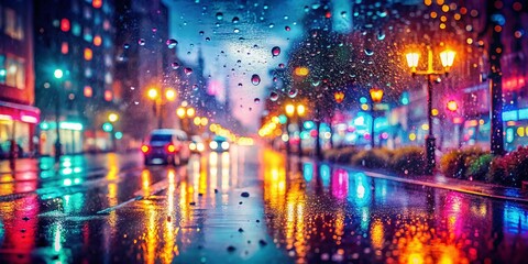Fototapeta premium Rainy Twilight Street Neon Lights Watercolor Double Exposure Stock Photo