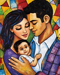 A colorful painting of a couple embracing their baby, symbolizing love and family.